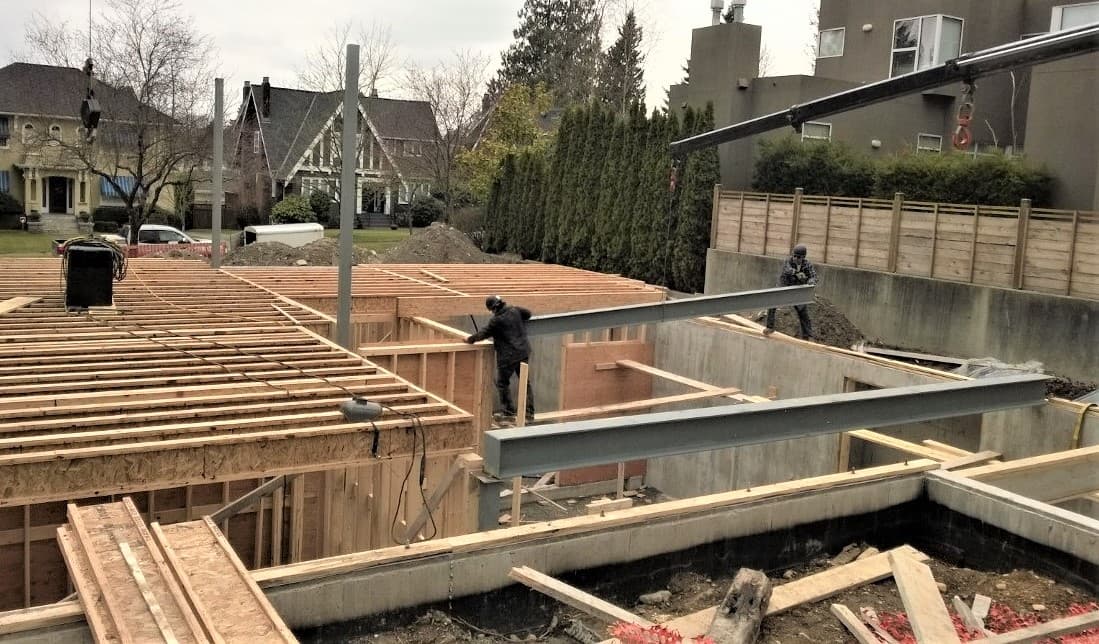 Structural steel framing at Ancell residence by Harewood Construction