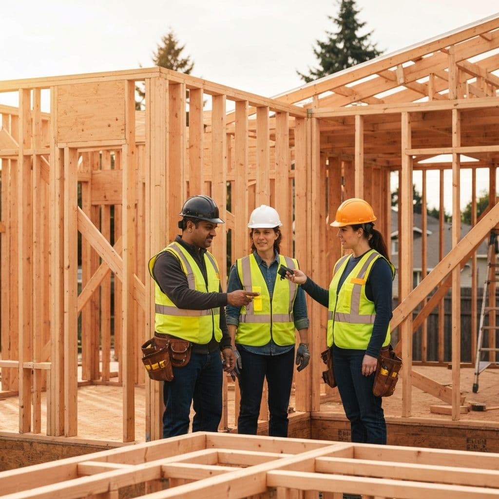 Harewood Construction team inspecting framing work